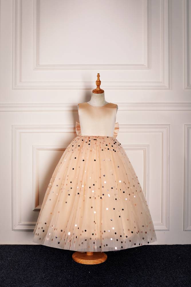 Champagne Crew Neck Sleeveless Ball Gown Tulle Flower Girl Dresses with Bow