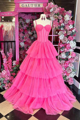 Fuchsia Tiered Sweetheart A-Line Tulle Prom Dresses