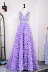 Lavender Tiered V-Neck Sleeveless Tulle Prom Dresses