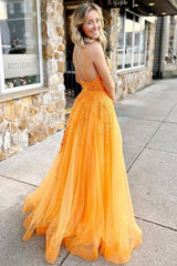 Orange V-Neck Spaghetti Straps A-Line Prom Party Dresses with Appliques