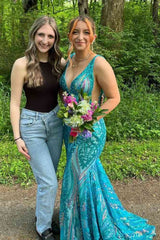 Sequined Deep V-Neck Sleeveless Mermaid Long Prom Dresses