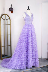 Lavender Tiered V-Neck Sleeveless Tulle Prom Dresses