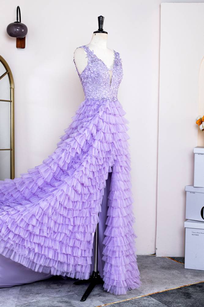 Lavender Tiered V-Neck Sleeveless Tulle Prom Dresses