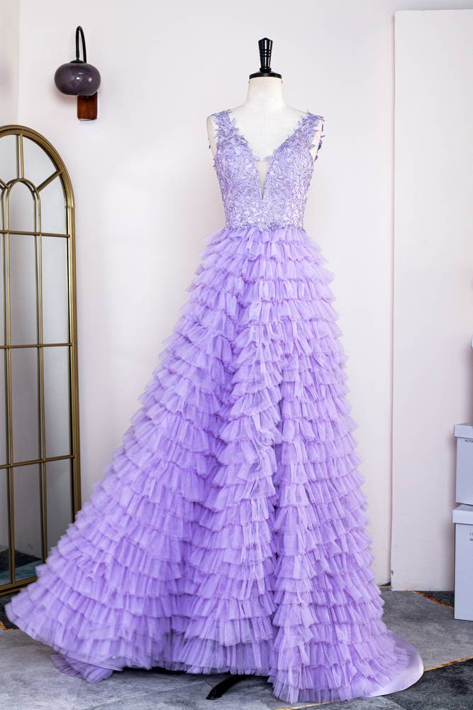 Lavender Tiered V-Neck Sleeveless Tulle Prom Dresses