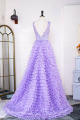 Lavender Tiered V-Neck Sleeveless Tulle Prom Dresses