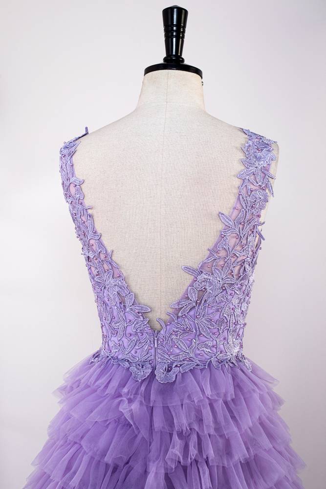 Lavender Tiered V-Neck Sleeveless Tulle Prom Dresses