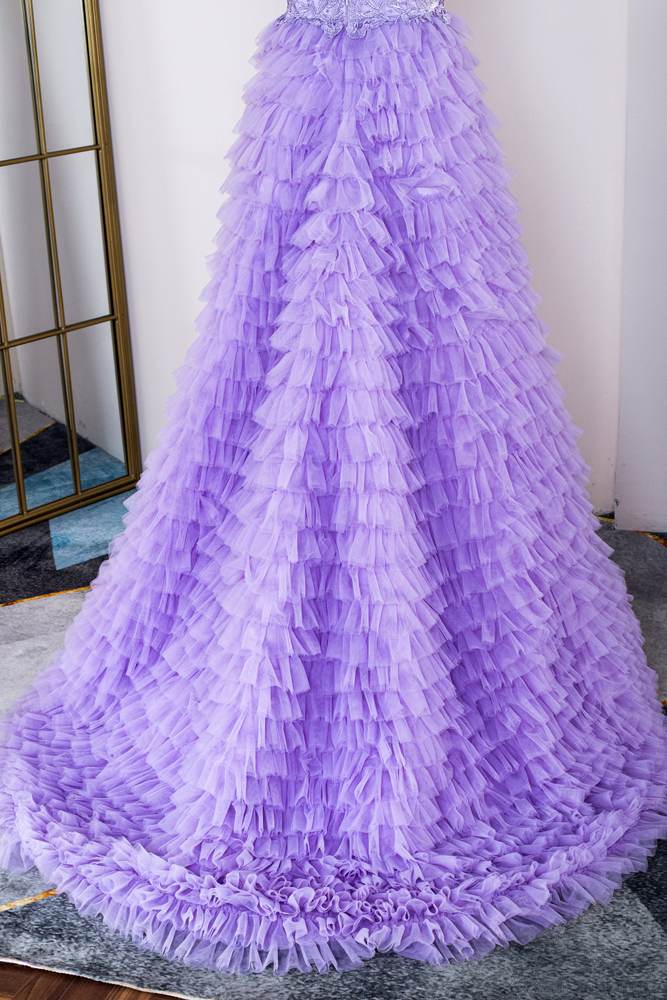Lavender Tiered V-Neck Sleeveless Tulle Prom Dresses