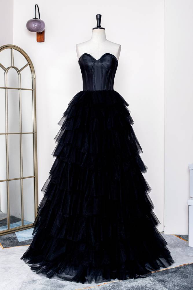 Black Tiered Strapless Satin Tulle A-Line Prom Dresses