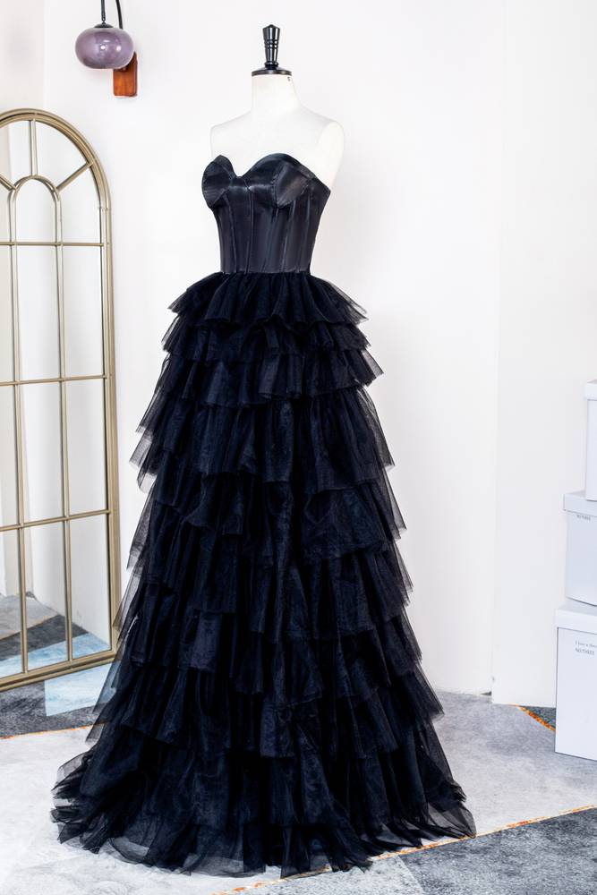 Black Tiered Strapless Satin Tulle A-Line Prom Dresses