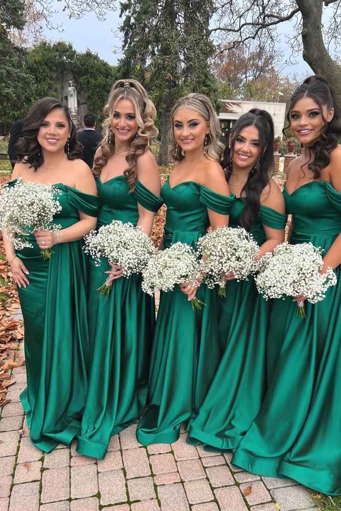 Dark Green Off-The-Shoulder Mermaid Satin Bridesmaid Dresses with Train
