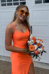 Orange Sweep Train Spaghetti Straps Prom Formal Dresses with Slit