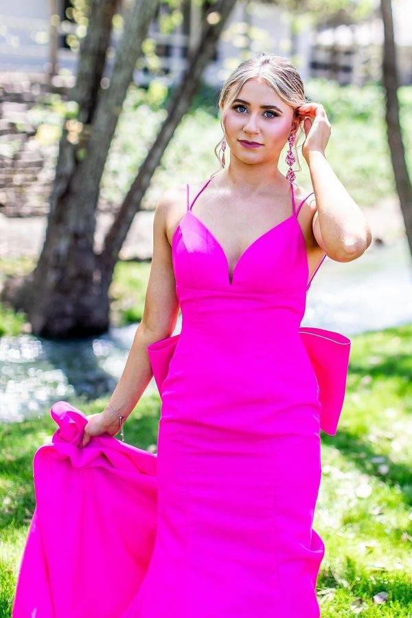 Fuchsia Criss Cross Straps Mermaid Satin Prom Dresses with Bow