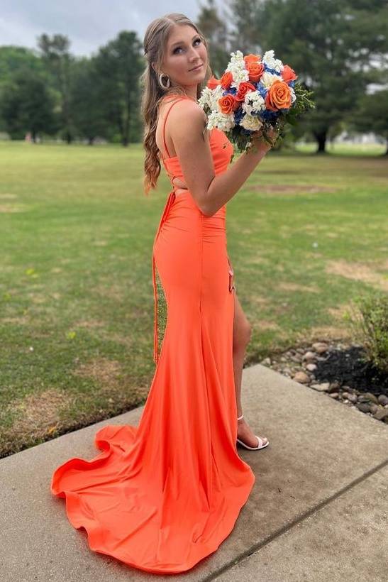 Orange Sweep Train Spaghetti Straps Prom Formal Dresses with Slit