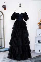 Black Tiered A-Line Short Sleeves Tulle Prom Dresses