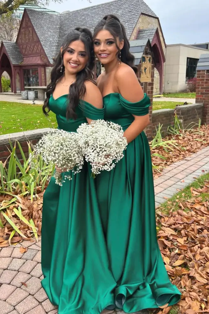 Dark Green Off-The-Shoulder Mermaid Satin Bridesmaid Dresses with Train