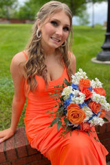 Orange Sweep Train Spaghetti Straps Prom Formal Dresses with Slit