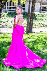 Fuchsia Criss Cross Straps Mermaid Satin Prom Dresses with Bow