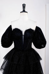 Black Tiered A-Line Short Sleeves Tulle Prom Dresses