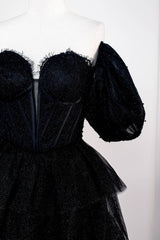 Black Tiered A-Line Short Sleeves Tulle Prom Dresses