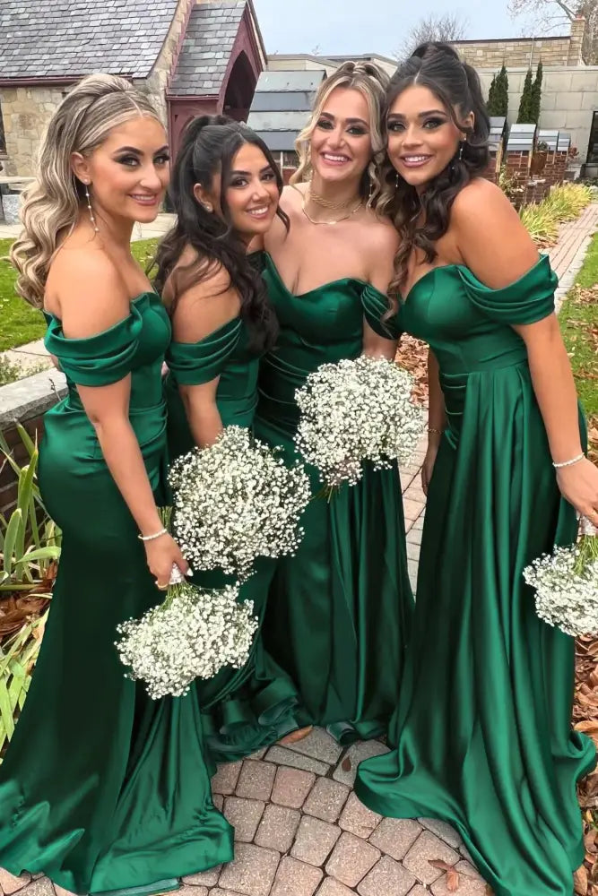 Dark Green Off-The-Shoulder Mermaid Satin Bridesmaid Dresses with Train