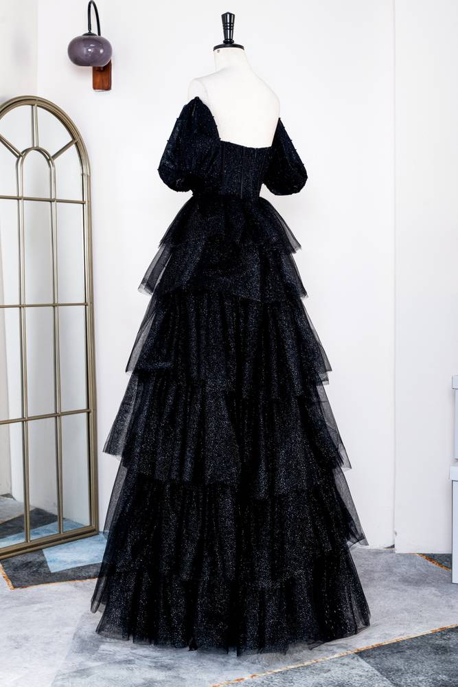 Black Tiered A-Line Short Sleeves Tulle Prom Dresses