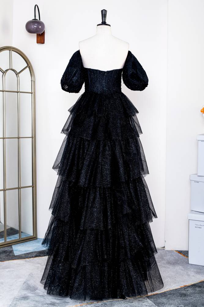 Black Tiered A-Line Short Sleeves Tulle Prom Dresses