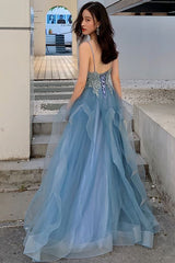 Dusty Blue V-Neck Organza A-Line Formal Dresses with Appliques