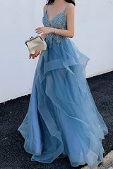 Dusty Blue V-Neck Organza A-Line Formal Dresses with Appliques