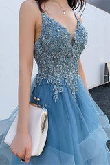 Dusty Blue V-Neck Organza A-Line Formal Dresses with Appliques