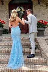 Blue Mermaid Spaghetti Straps Tulle Party Prom Dresses with Appliques