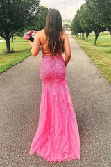 Fuchsia Mermaid Spaghetti Straps Tulle Party Prom Dresses with Appliques