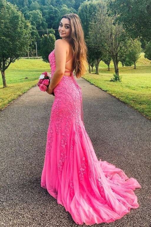 Fuchsia Mermaid Spaghetti Straps Tulle Party Prom Dresses with Appliques