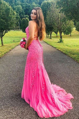 Fuchsia Mermaid Spaghetti Straps Tulle Party Prom Dresses with Appliques