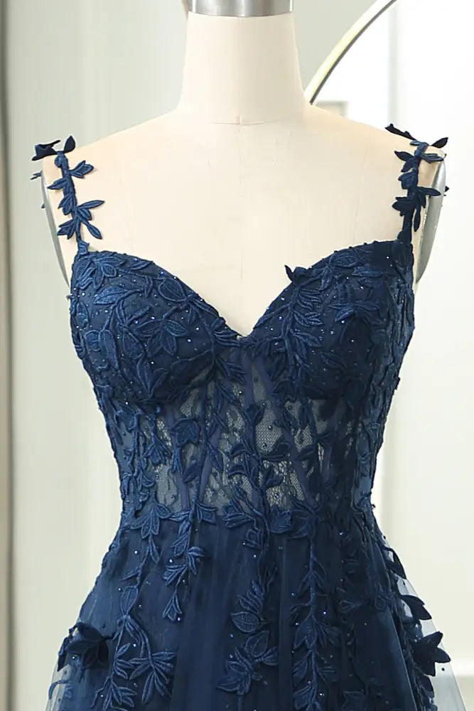 Dark Navy Sleeveless Long A-Line Tulle Prom Dresses with Slit