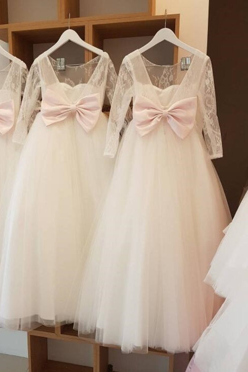 White A-Line Long Sleeves Flower Girl Dresses with Bow