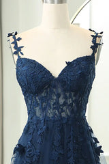 Dark Navy Sleeveless Long A-Line Tulle Prom Dresses with Slit