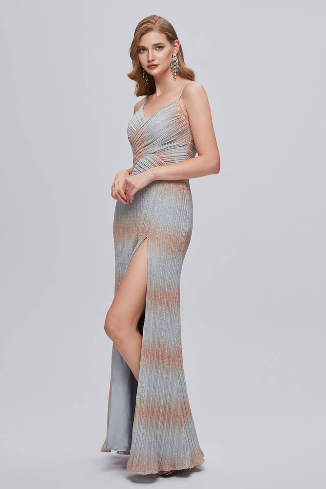 Floor-Length Spaghetti Straps V-Neck Formal Dresses with Slit