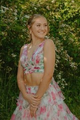 Two-Piece V-Neck A-Line Print Floral Prom Dresses