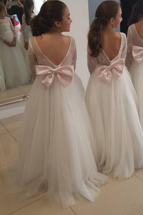 White A-Line Long Sleeves Flower Girl Dresses with Bow