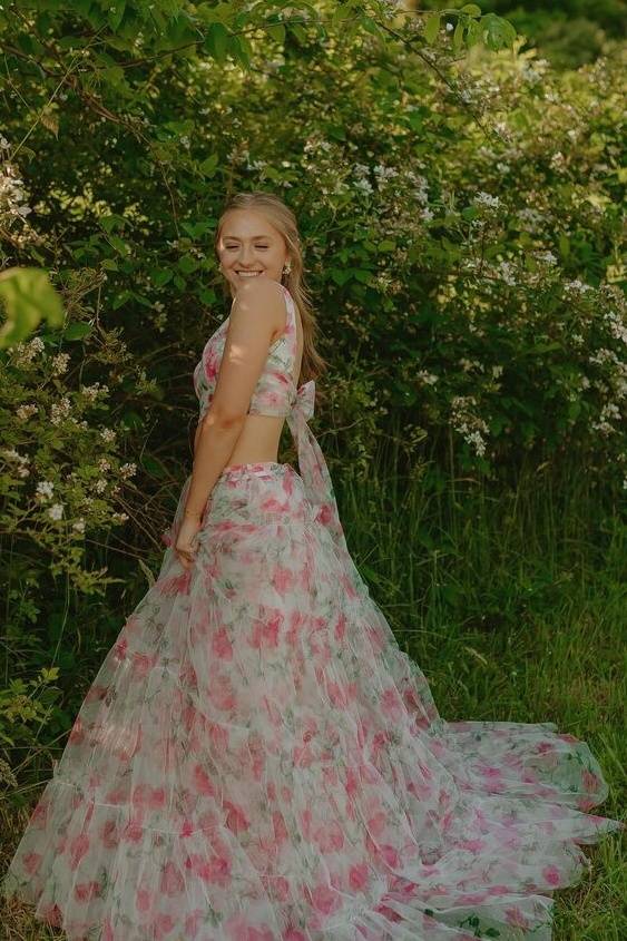 Two-Piece V-Neck A-Line Print Floral Prom Dresses