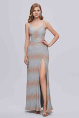 Floor-Length Spaghetti Straps V-Neck Formal Dresses with Slit