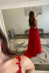 Red Sleeveless Long A-Line Tulle Prom Dresses with Slit