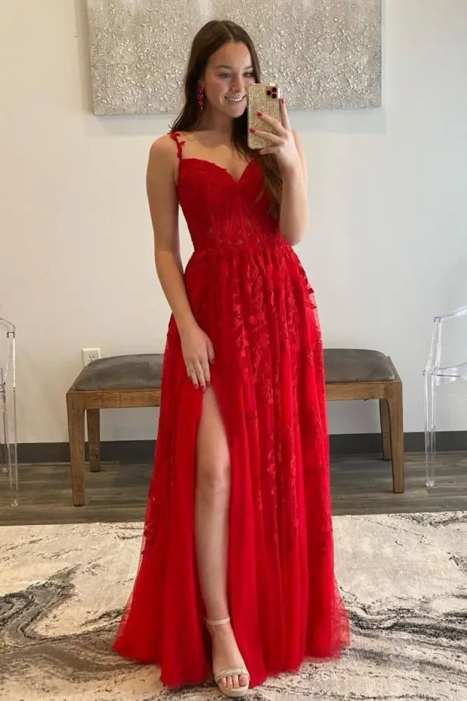 Red Sleeveless Long A-Line Tulle Prom Dresses with Slit