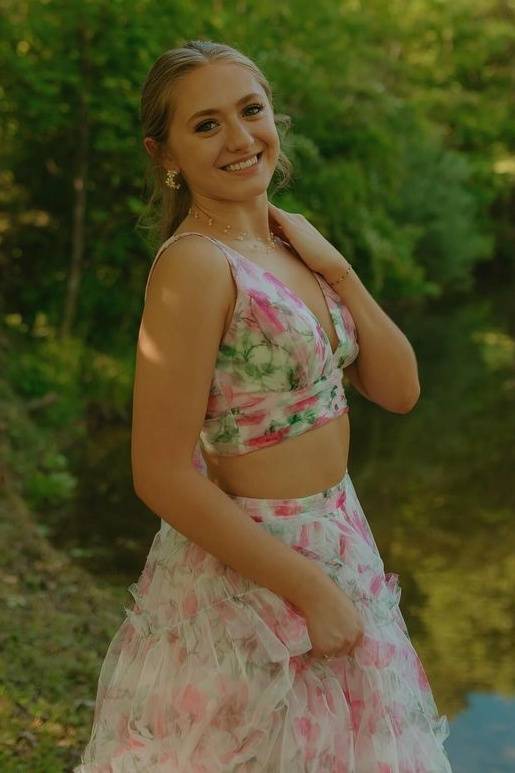 Two-Piece V-Neck A-Line Print Floral Prom Dresses