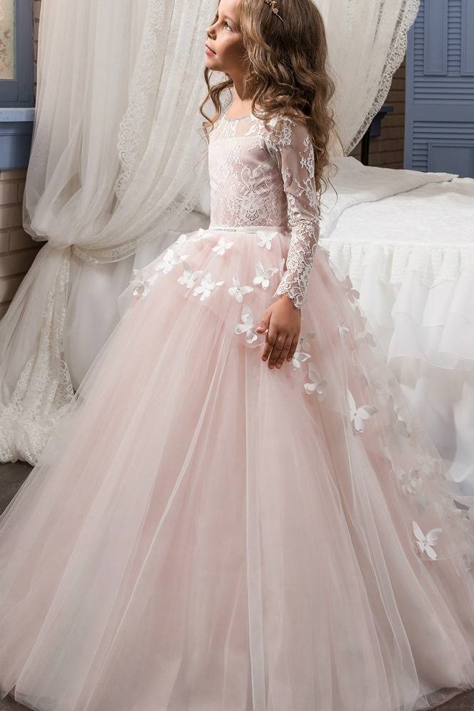 Blushing Pink Long Sleeves A-Line Tulle Flower Girl Dresses