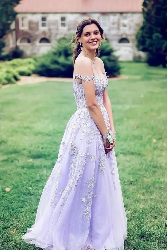 Lavender Sleeveless Long A-Line Tulle Prom Dresses with Slit