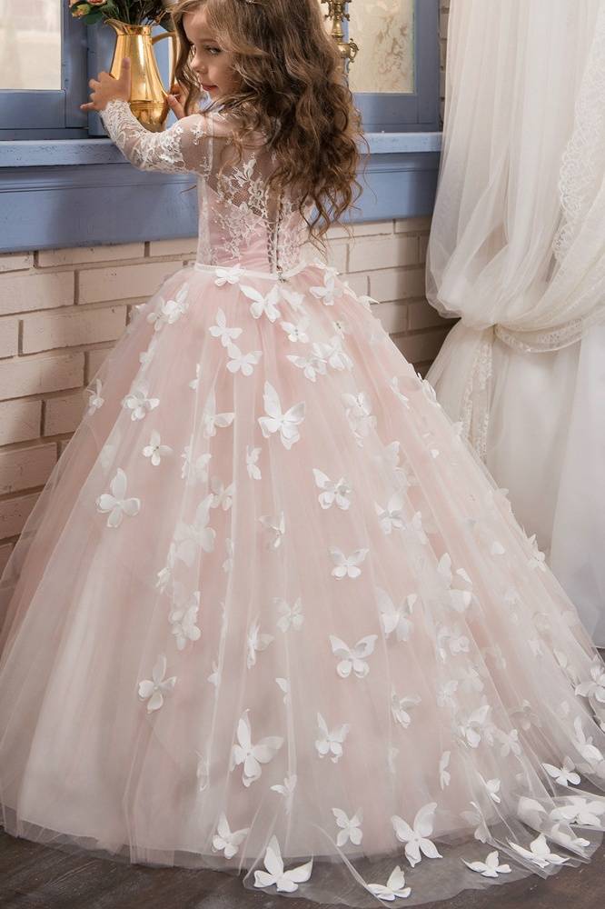 Blushing Pink Long Sleeves A-Line Tulle Flower Girl Dresses