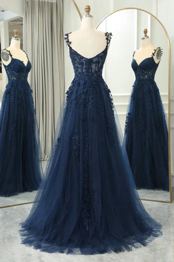 Dark Navy Sleeveless Long A-Line Tulle Prom Dresses with Slit