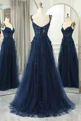 Dark Navy Sleeveless Long A-Line Tulle Prom Dresses with Slit