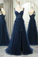 Dark Navy Sleeveless Long A-Line Tulle Prom Dresses with Slit